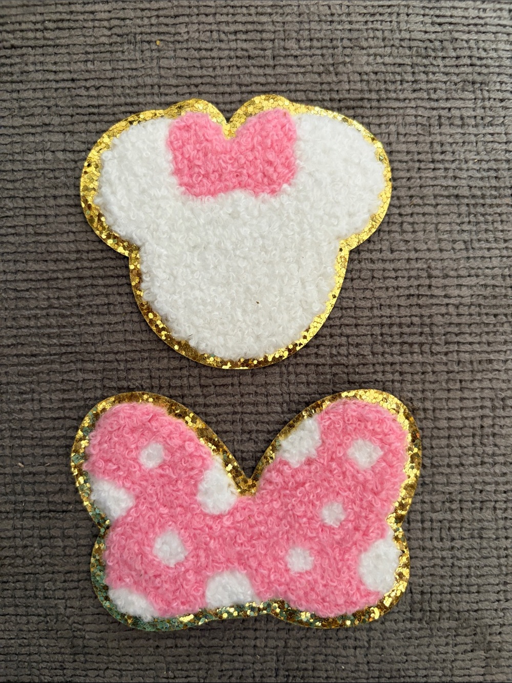 Pink Minnie and Bow Chenille Iron On Patch Set with Gold Trim